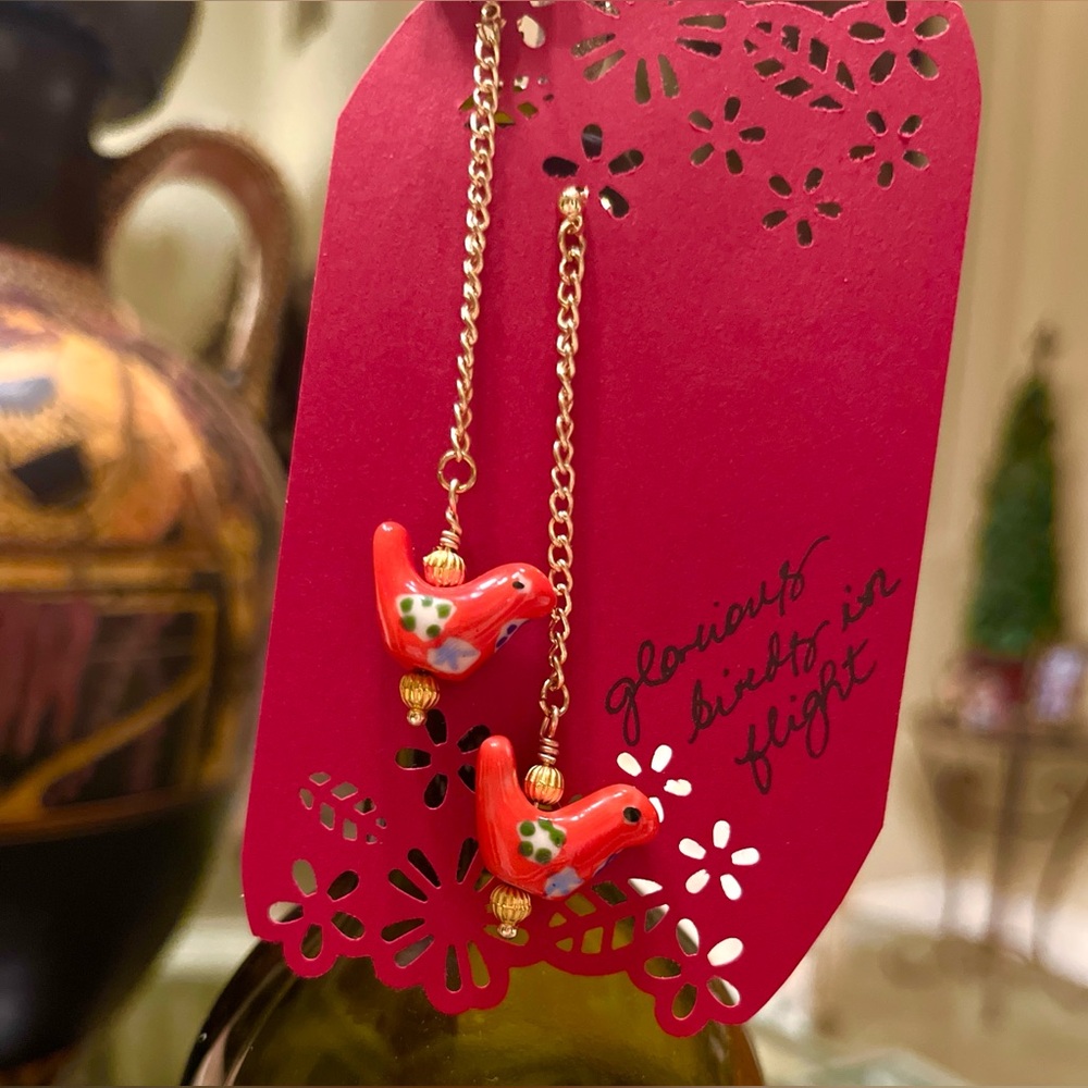 Whimsical Red Orange Bird Dangling Earrings